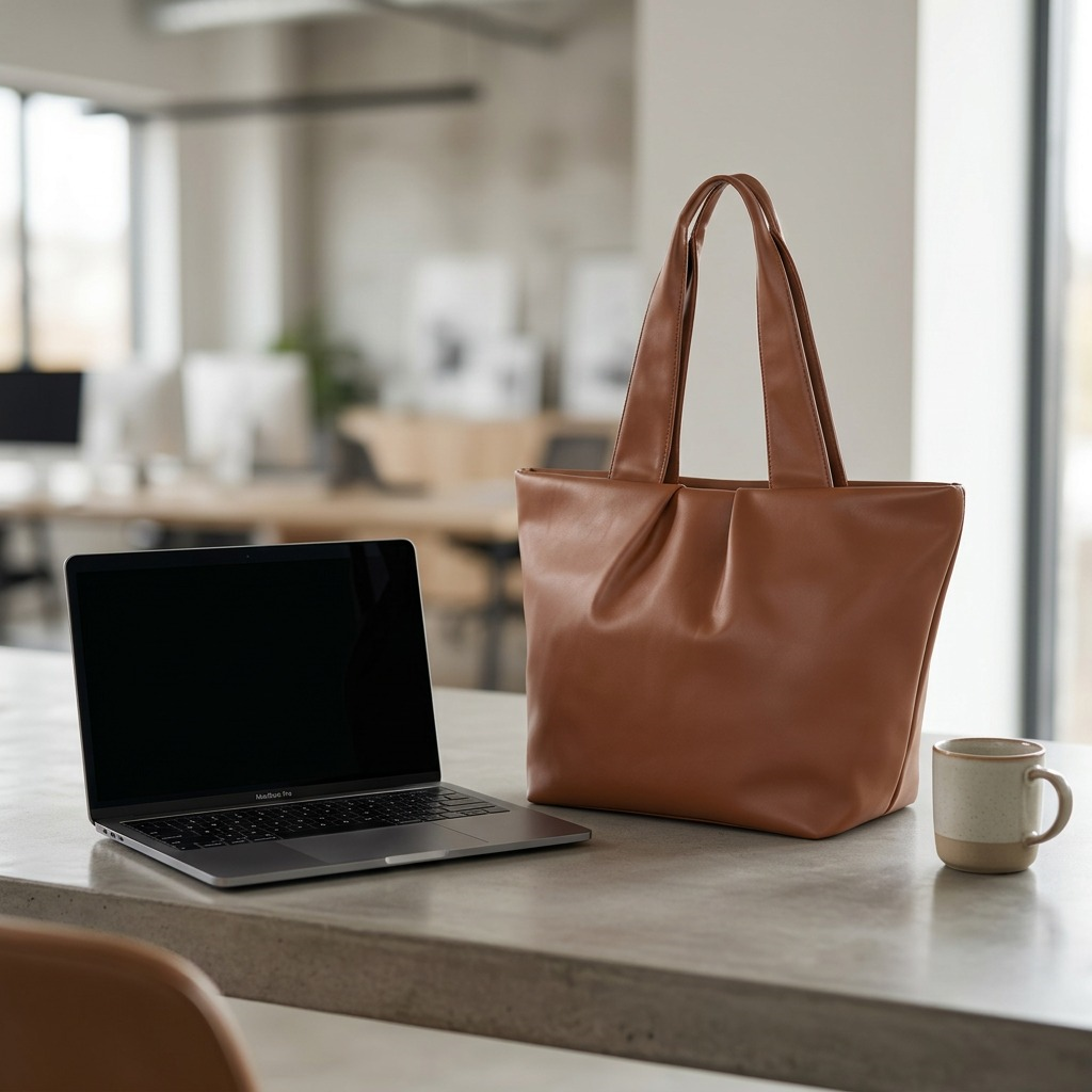 A brown tote bag sits on a concrete desk beside a laptop and a mug in an office setting.