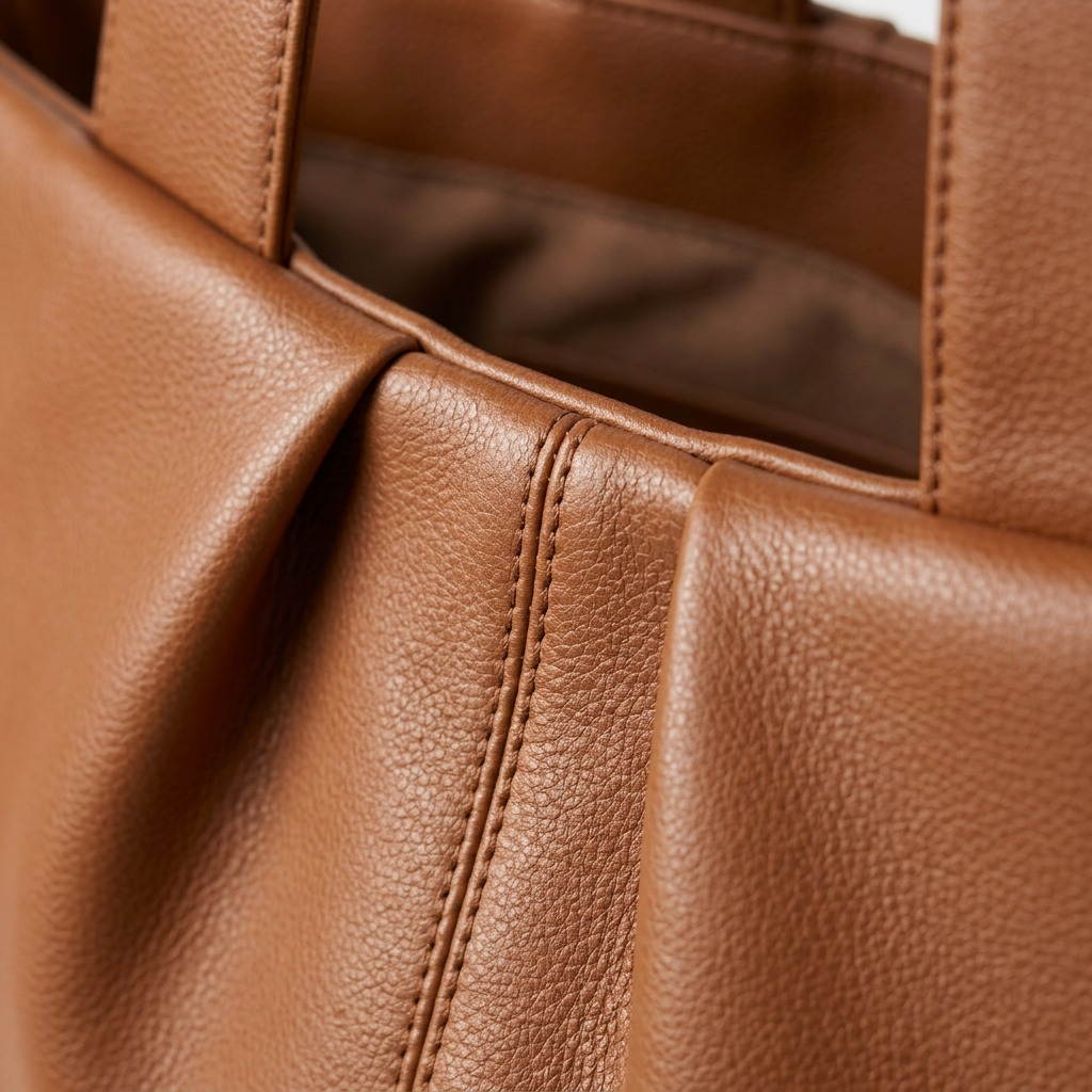 Macro view of the tan Bugatti Brera tote, showing textured leather, the front pleat detail, and fine stitching near the handle base.