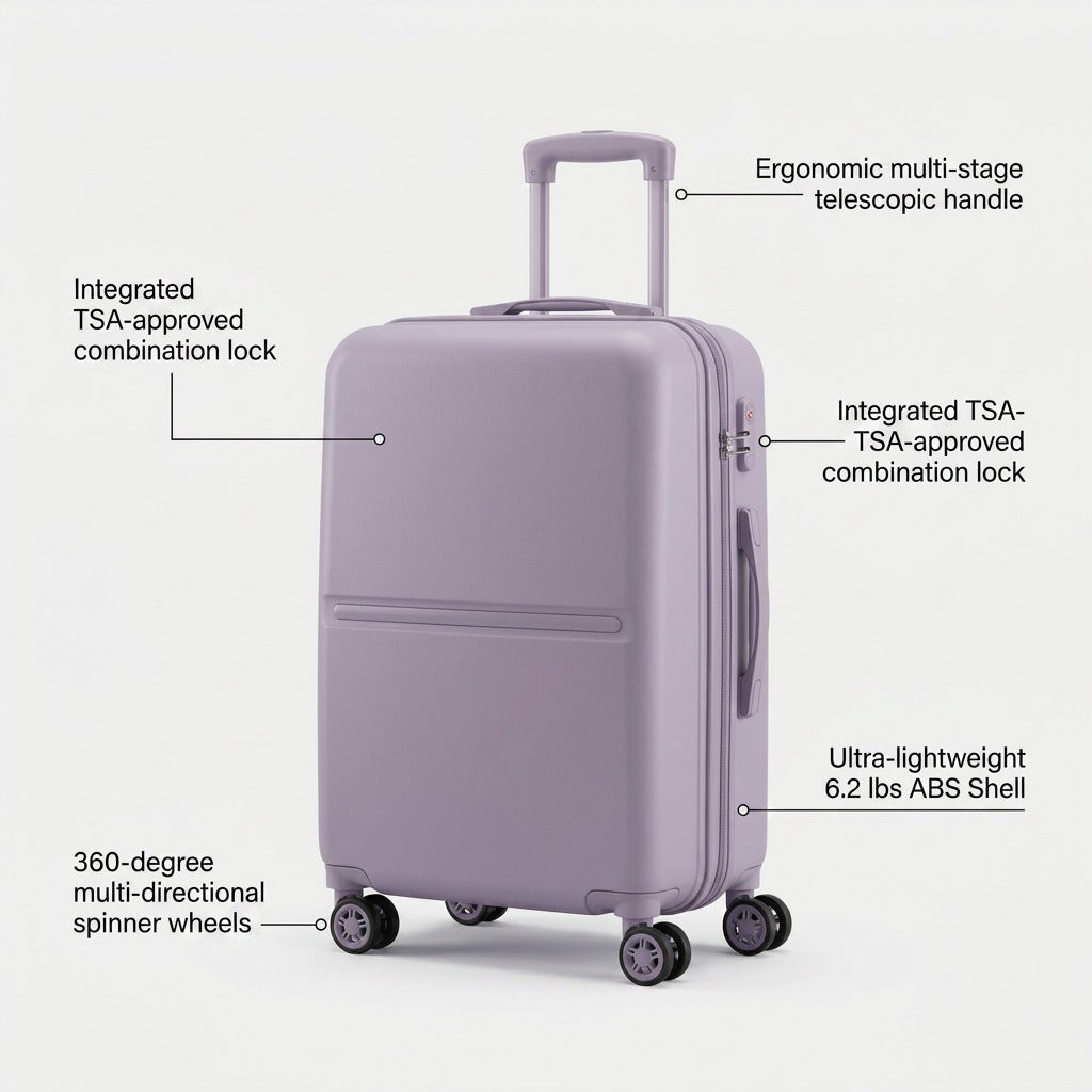 Bugatti Salerno lilac carry-on suitcase featuring a TSA lock, telescopic handle, and spinner wheels.