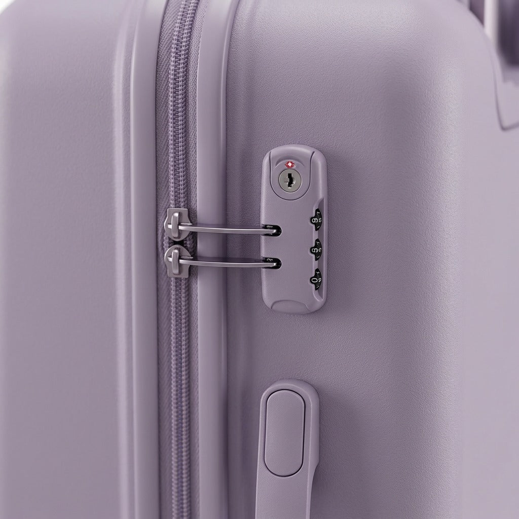 Close-up of the integrated TSA-approved lock and zippers on a Bugatti Salerno Shadow Lilac suitcase.