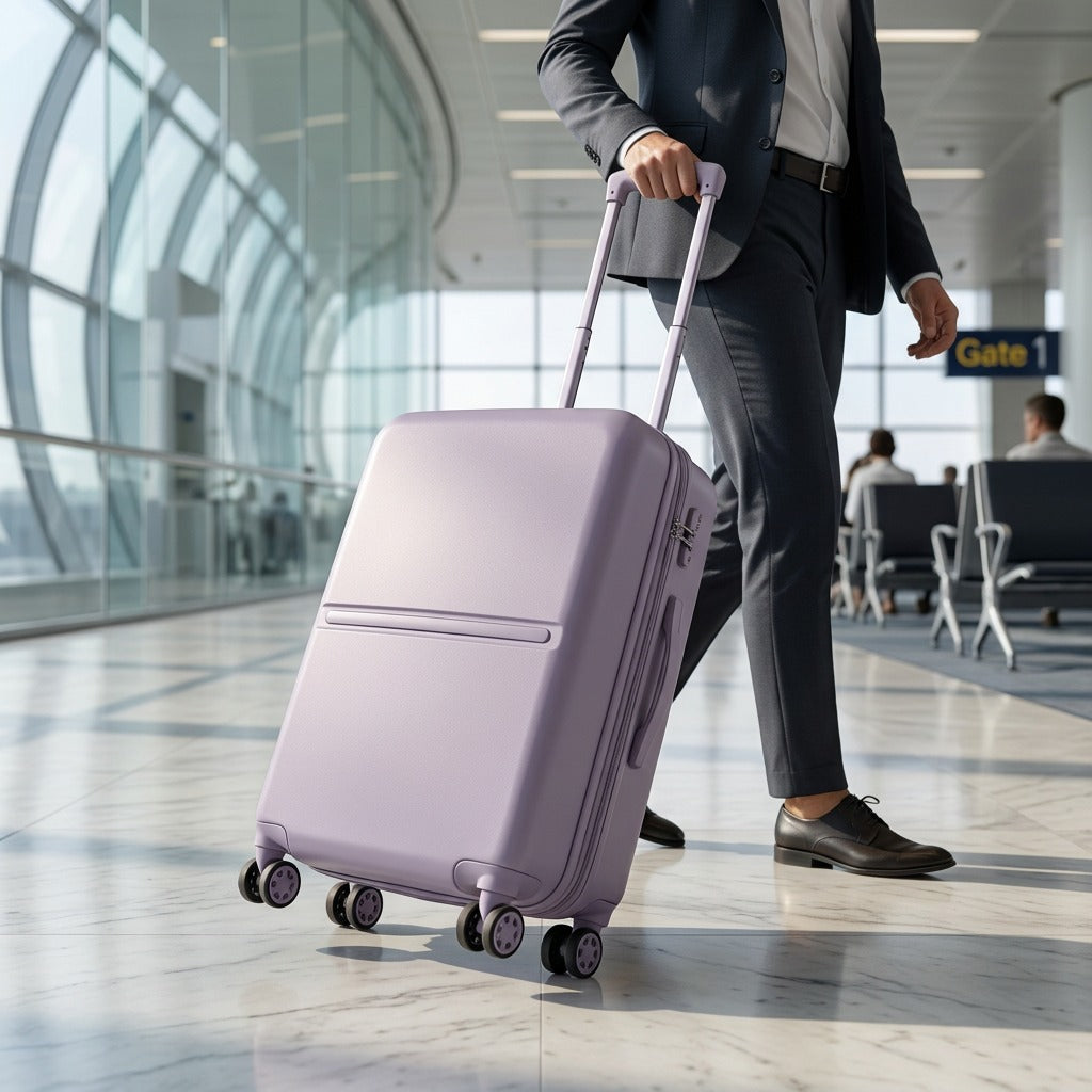 A professional man rolls the lilac Bugatti Salerno 20-inch carry-on through a modern airport lounge.