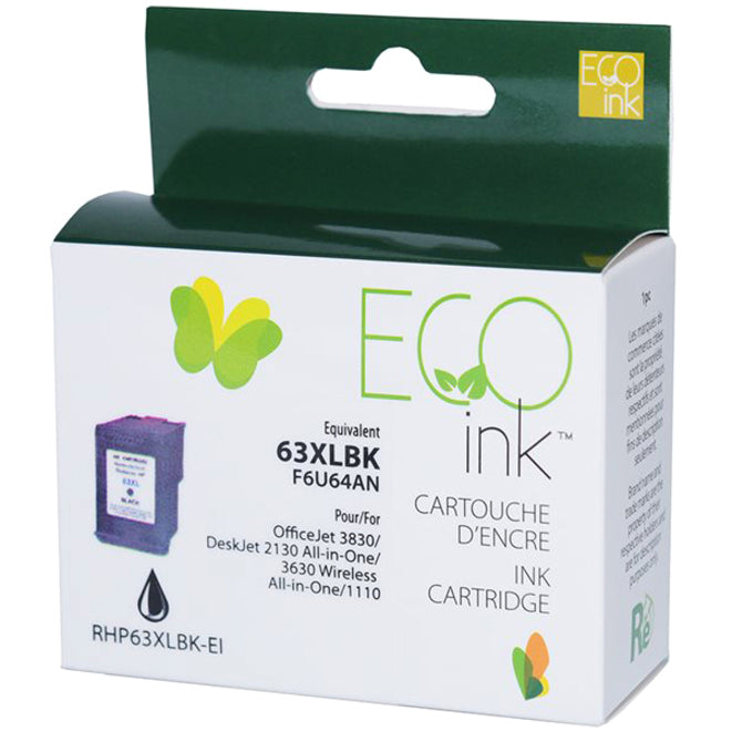 Eco Ink Ink Cartridge - Remanufactured for Hewlett Packard F6U64AN / 63XL - Black - 480 Pages - 1 Pack