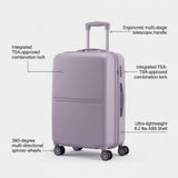 Bugatti Salerno lilac carry-on suitcase featuring a TSA lock, telescopic handle, and spinner wheels.