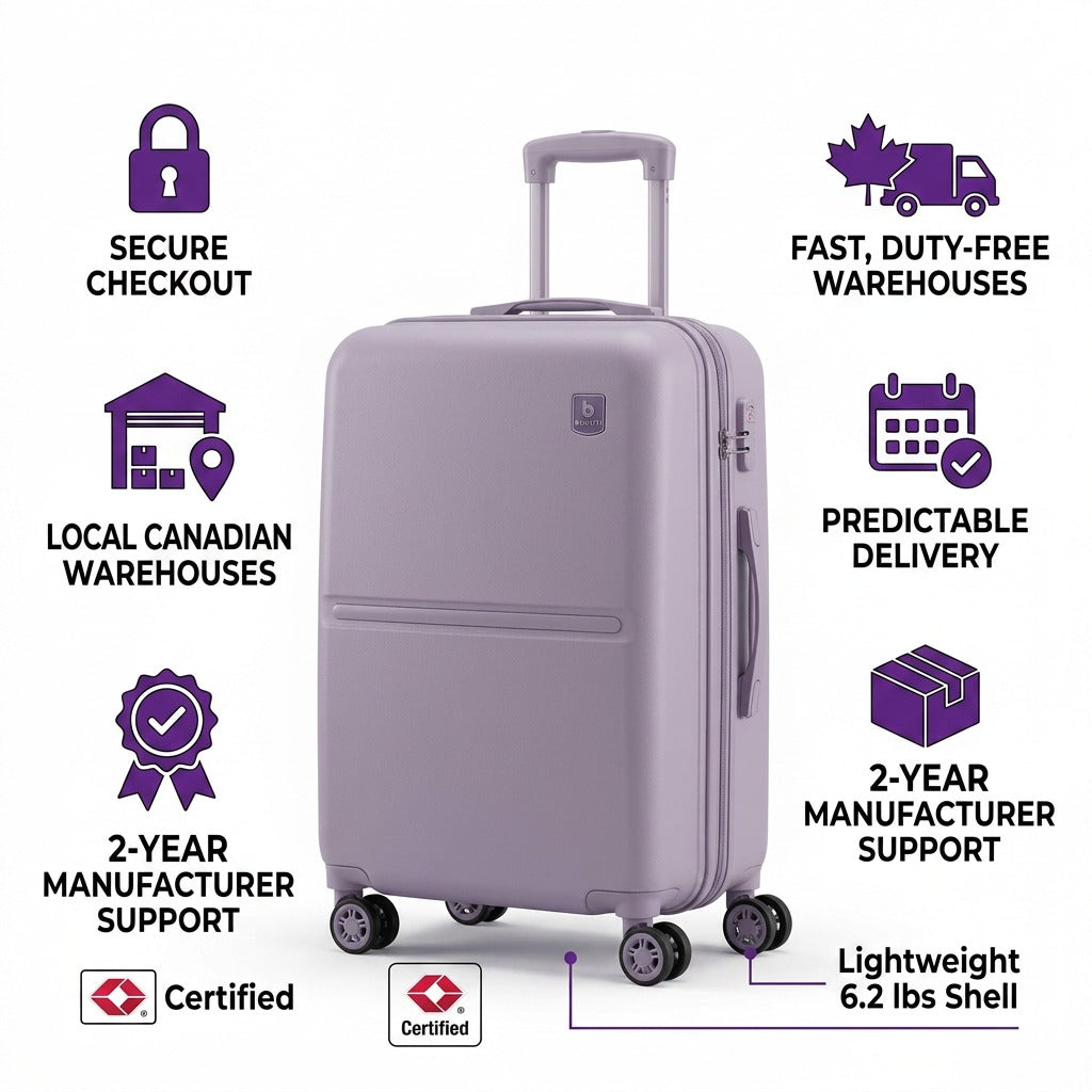 Bugatti Salerno Shadow Lilac carry-on infographic highlighting TSA lock and local Canadian shipping.