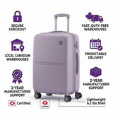 Bugatti Salerno Shadow Lilac carry-on infographic highlighting TSA lock and local Canadian shipping.
