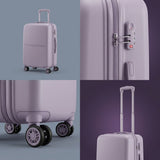 Four-panel grid of the Bugatti Salerno Shadow Lilac carry-on showing its full view, TSA lock, wheels, and handle.