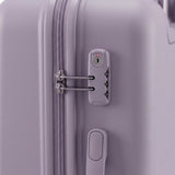 Close-up of the integrated TSA-approved lock and zippers on a Bugatti Salerno Shadow Lilac suitcase.