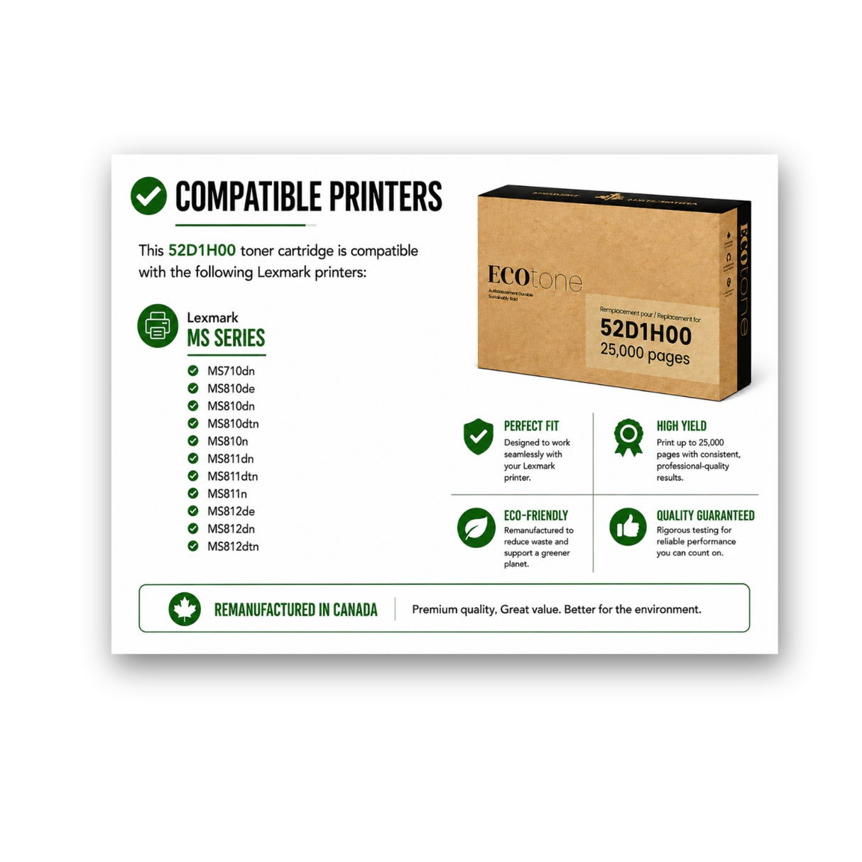EcoTone Toner Cartridge - Remanufactured for Lexmark 52D1H00 / 521H - Black - 25000 Pages - 1 Pack