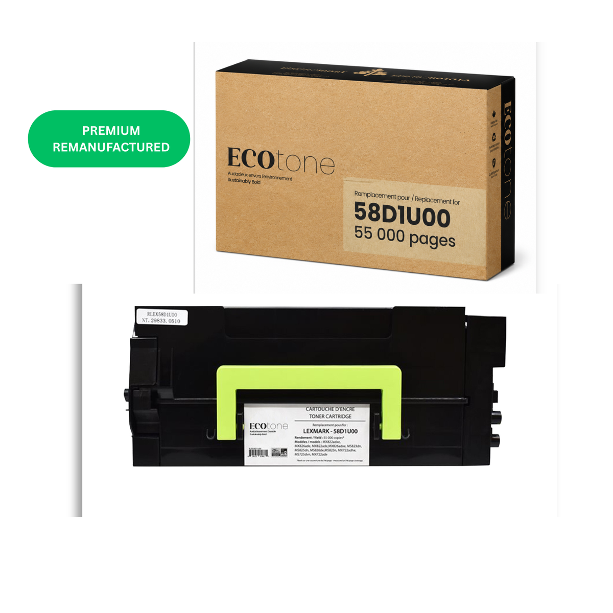 EcoTone Toner Cartridge - Remanufactured for Lexmark 58D1U00 - Black - 55000 Pages - 1 Pack