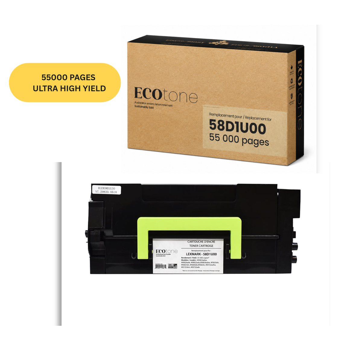 EcoTone Toner Cartridge - Remanufactured for Lexmark 58D1U00 - Black - 55000 Pages - 1 Pack