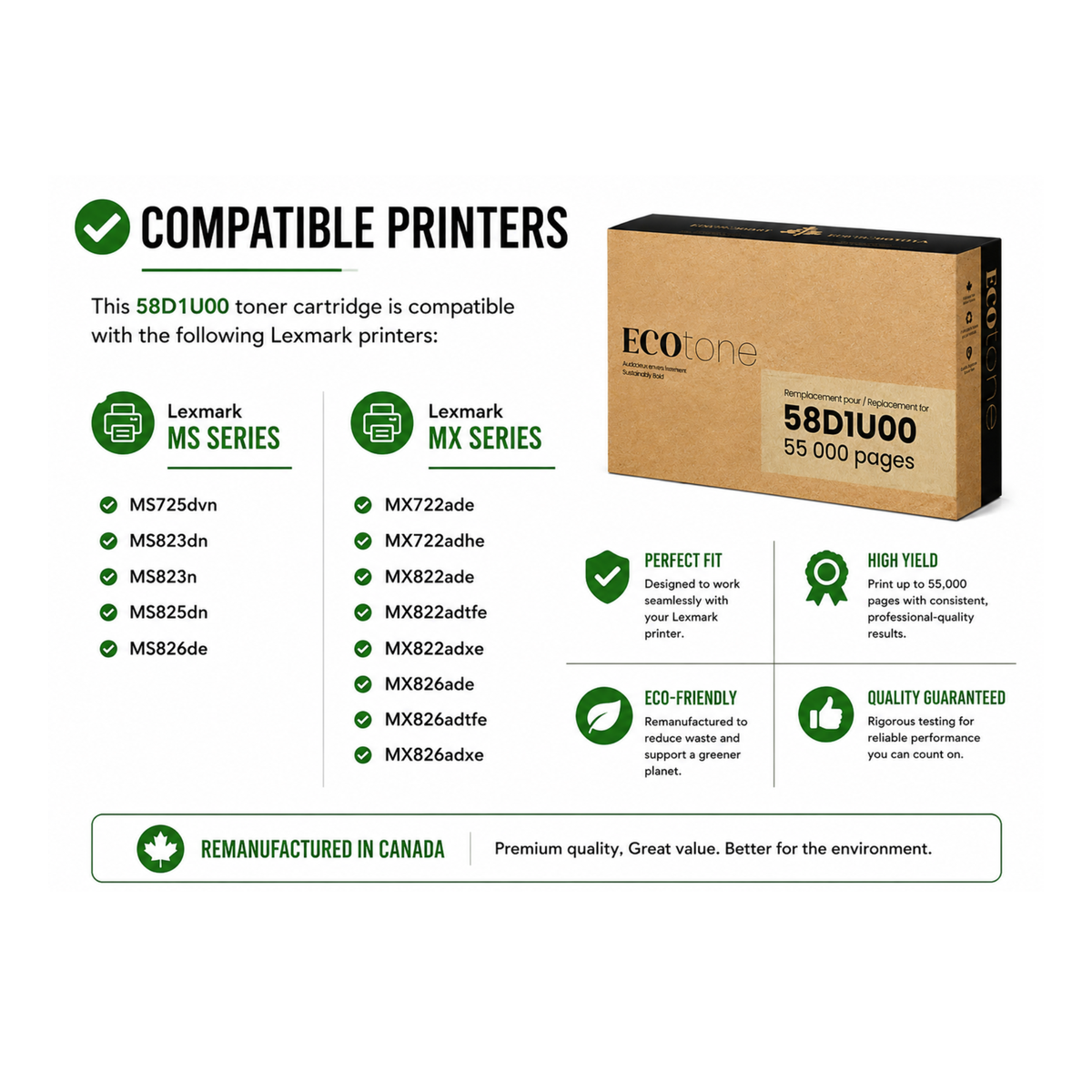 EcoTone Toner Cartridge - Remanufactured for Lexmark 58D1U00 - Black - 55000 Pages - 1 Pack
